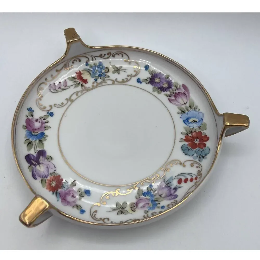 Vtg Round Hand Painted Nappy Trinket Dish 3 Handle Floral Colorful Cottagecore